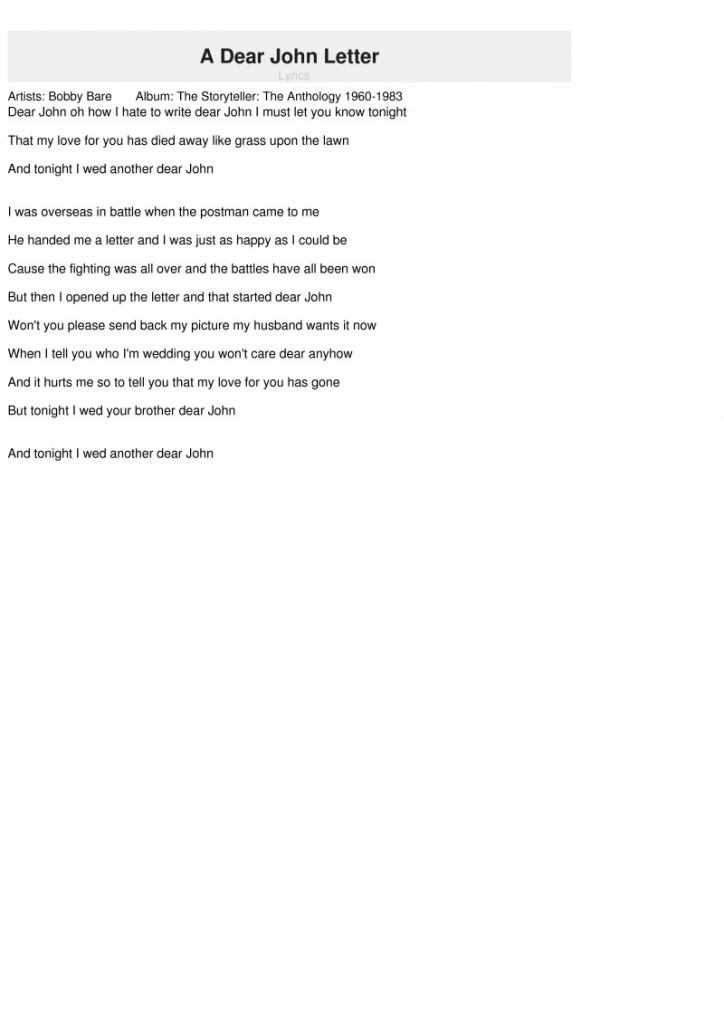 A Dear John Letter Lyrics - Bobby Bare