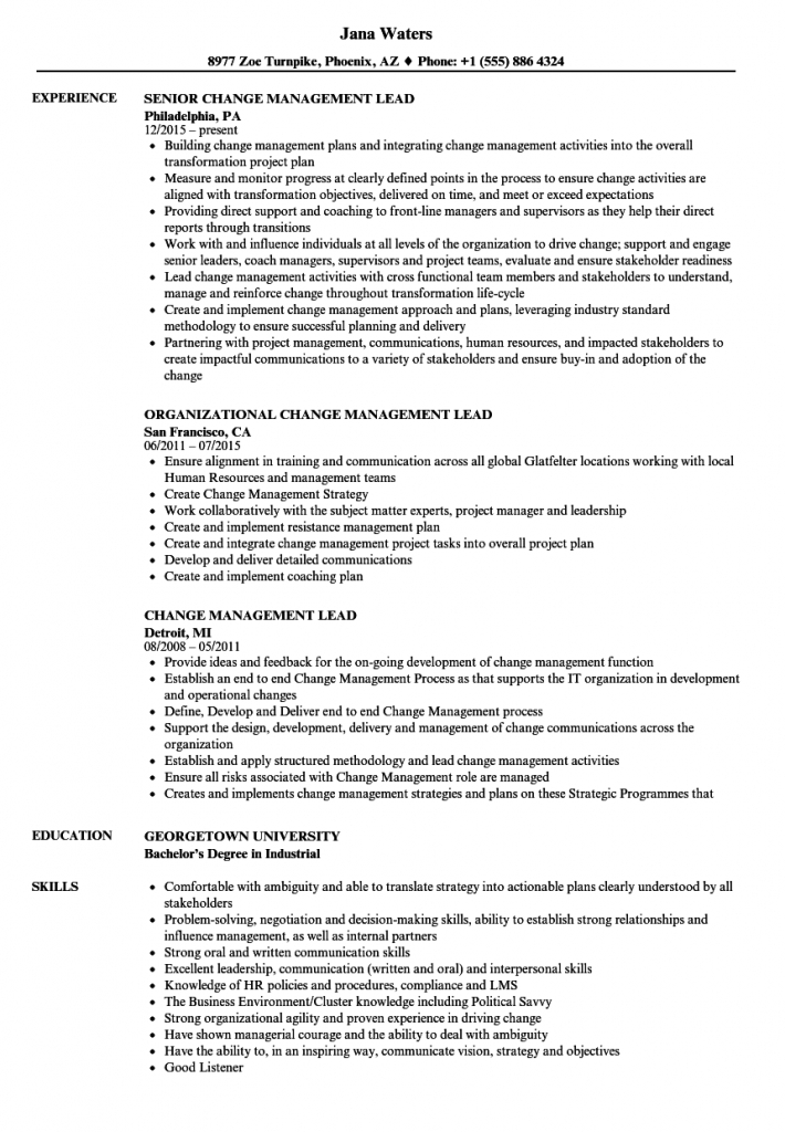 Change Management Lead Resume Samples | Velvet Jobs