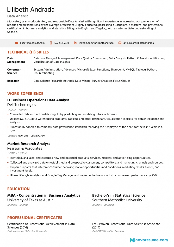 Data Analyst Resume [2019] - Guide &amp; Examples | Novorésumé