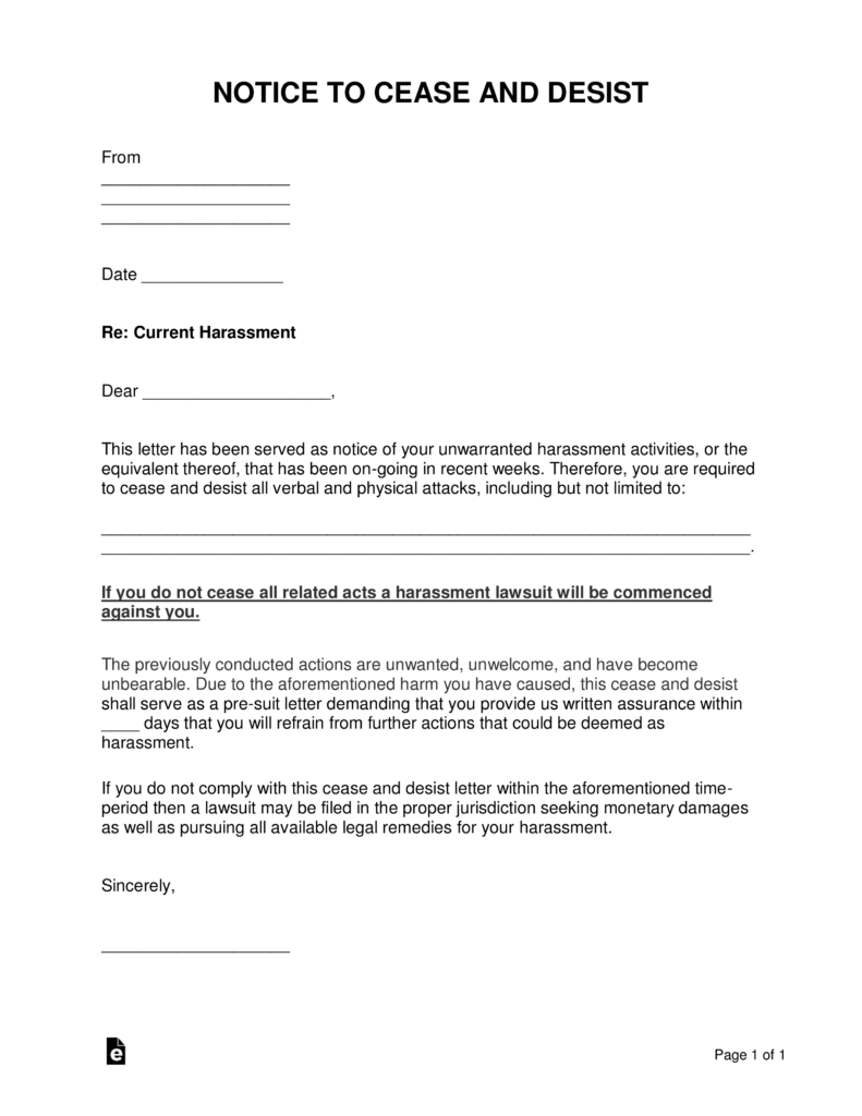 Free Harassment Cease And Desist Letter Template - Word | Pdf