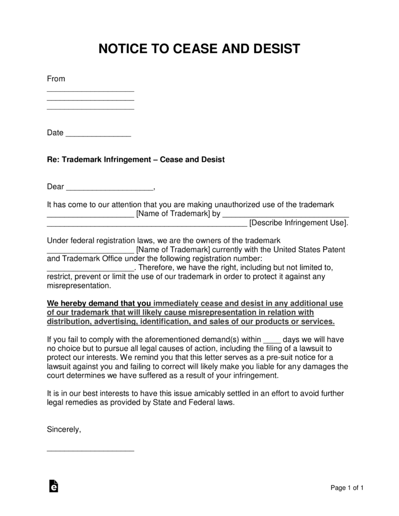 Free Trademark Infringement Cease And Desist Letter - Word | Pdf
