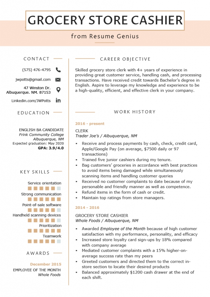 Grocery Store Cashier Resume Example &amp; Tips | Resume Genius