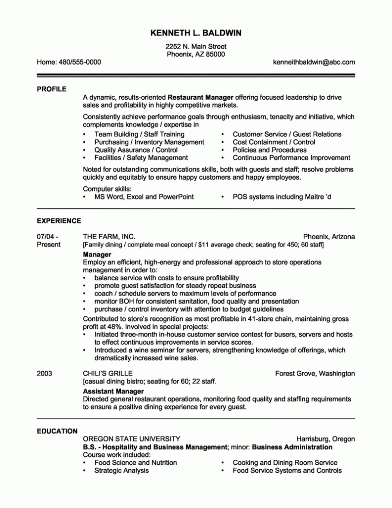 Resume Format Restaurant | Work | Resume Summary, Manager Resume