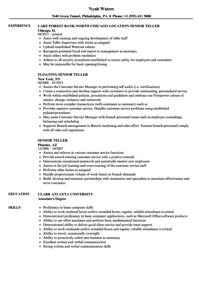 Senior Teller Resume Samples | Velvet Jobs