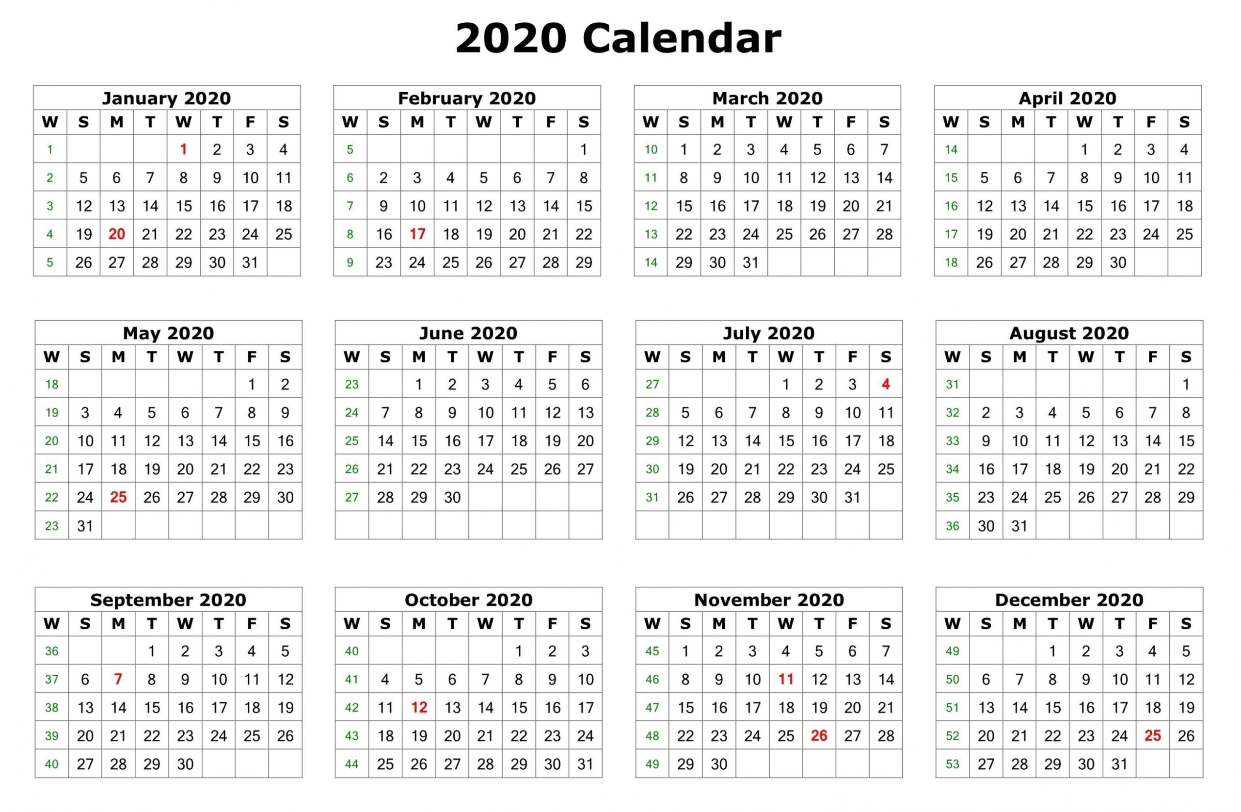 2020 12 Month Printable Calendar