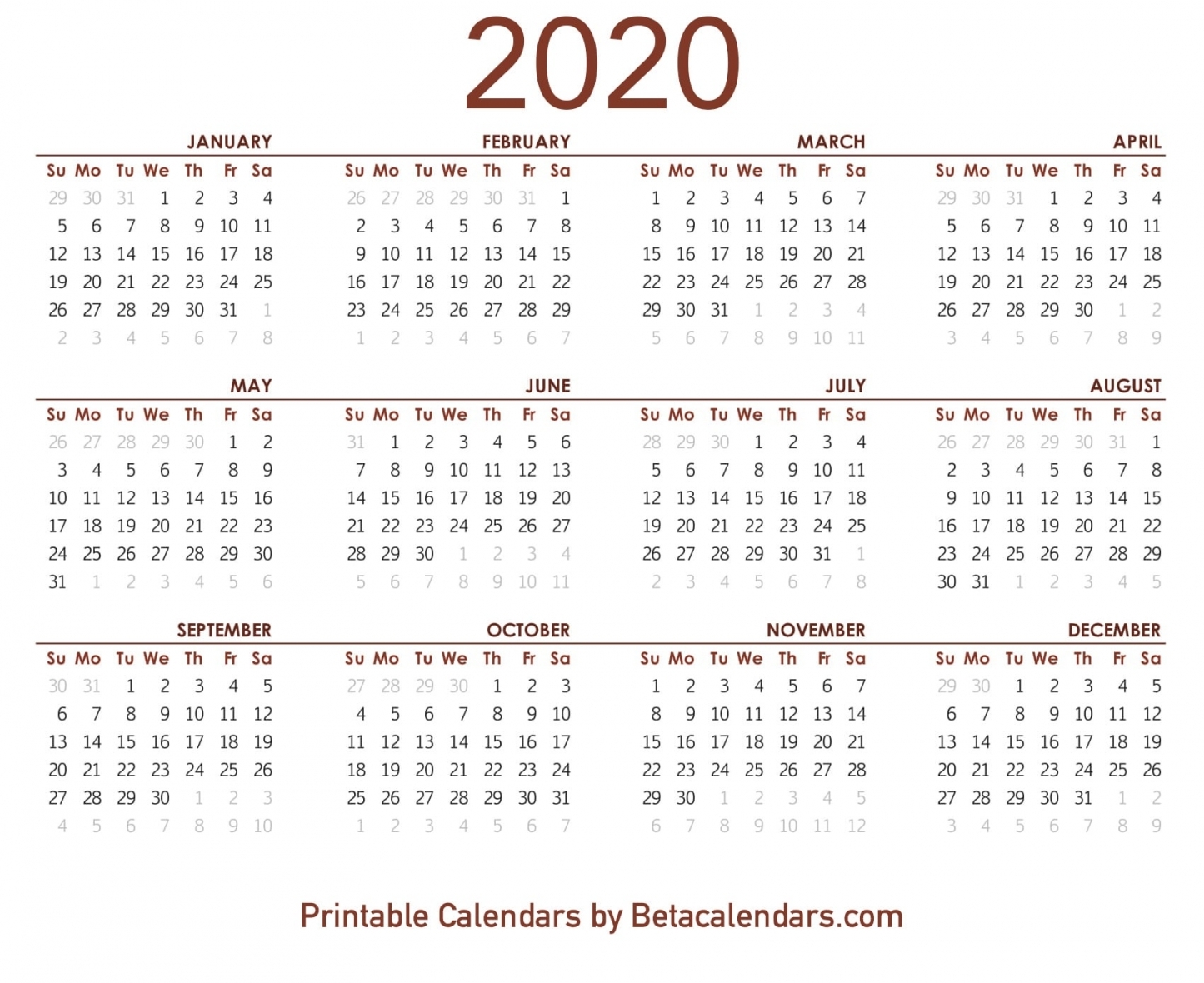 Yearly 2020 Calendar Printable