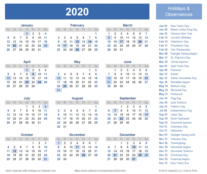 2020 Printable Calendar With Holidays