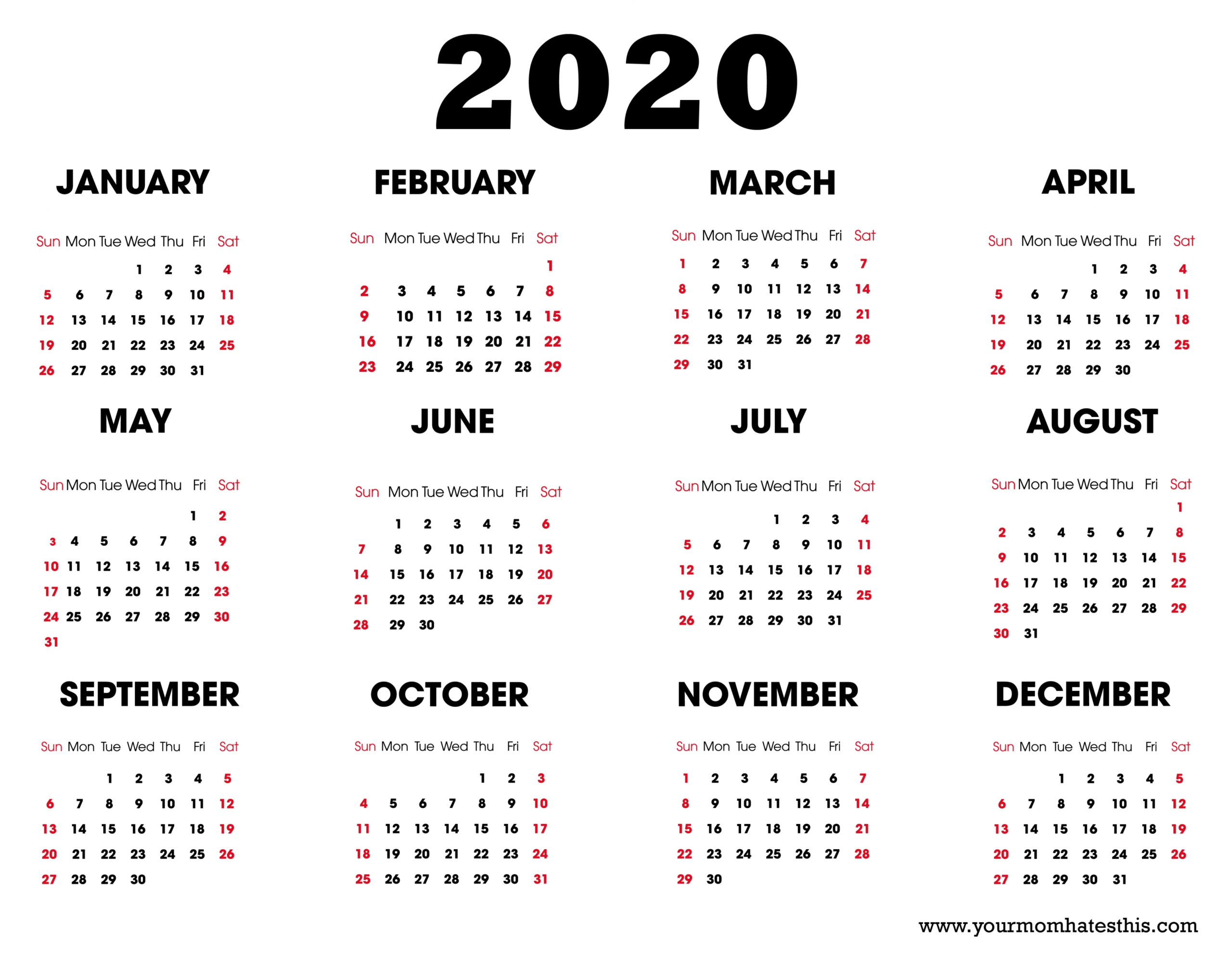 2020 Year Calendar Printable