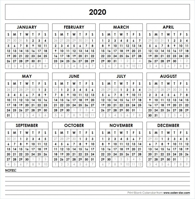 2020 Year Calendar Printable