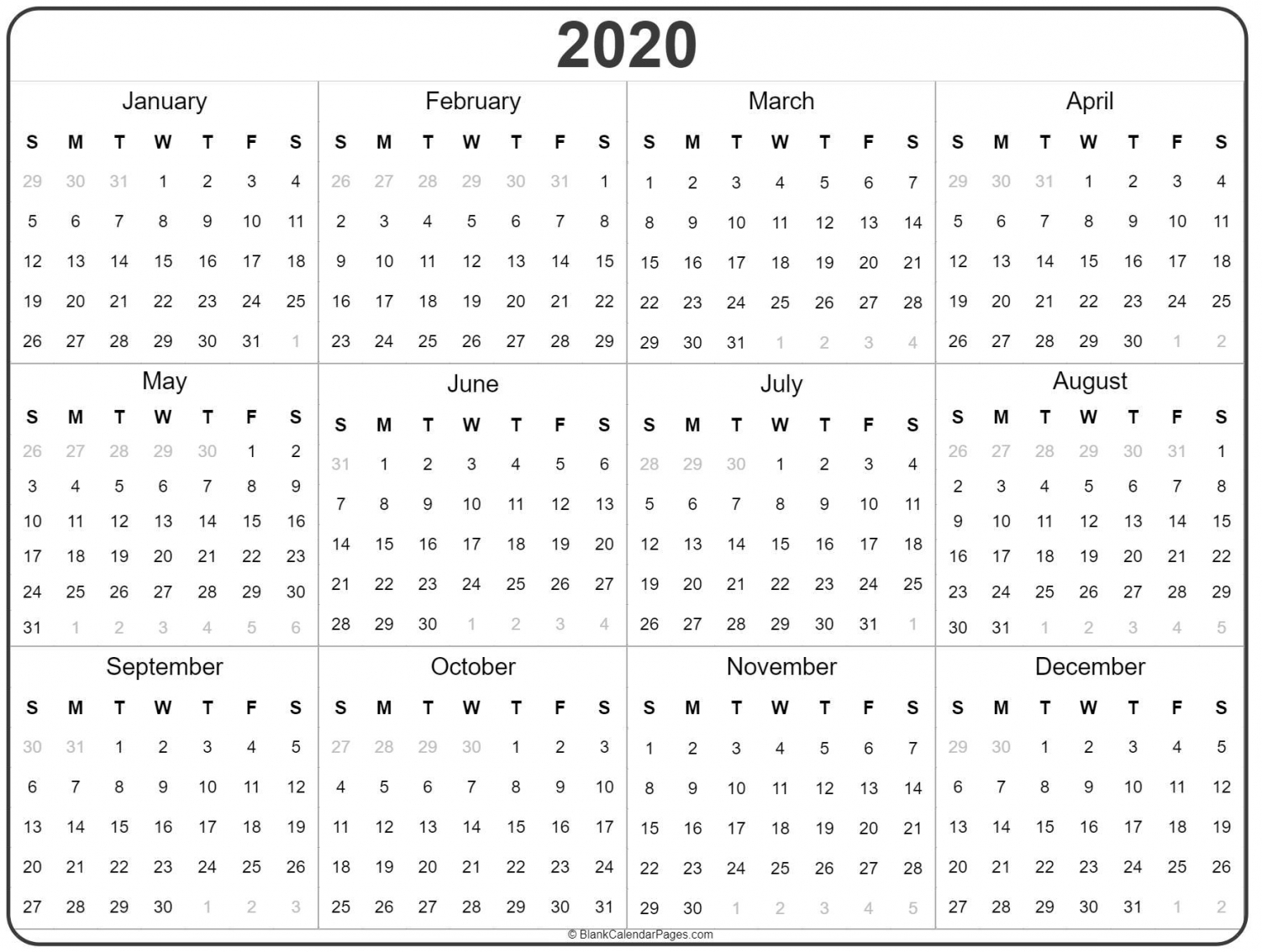 2020 Year Calendar Printable