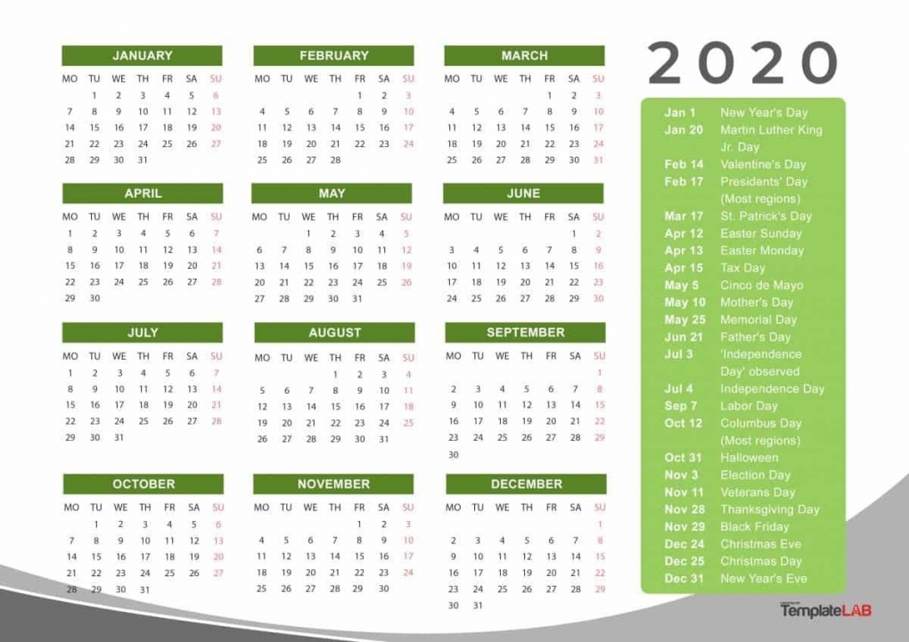 2020 Printable Calendar With Holidays