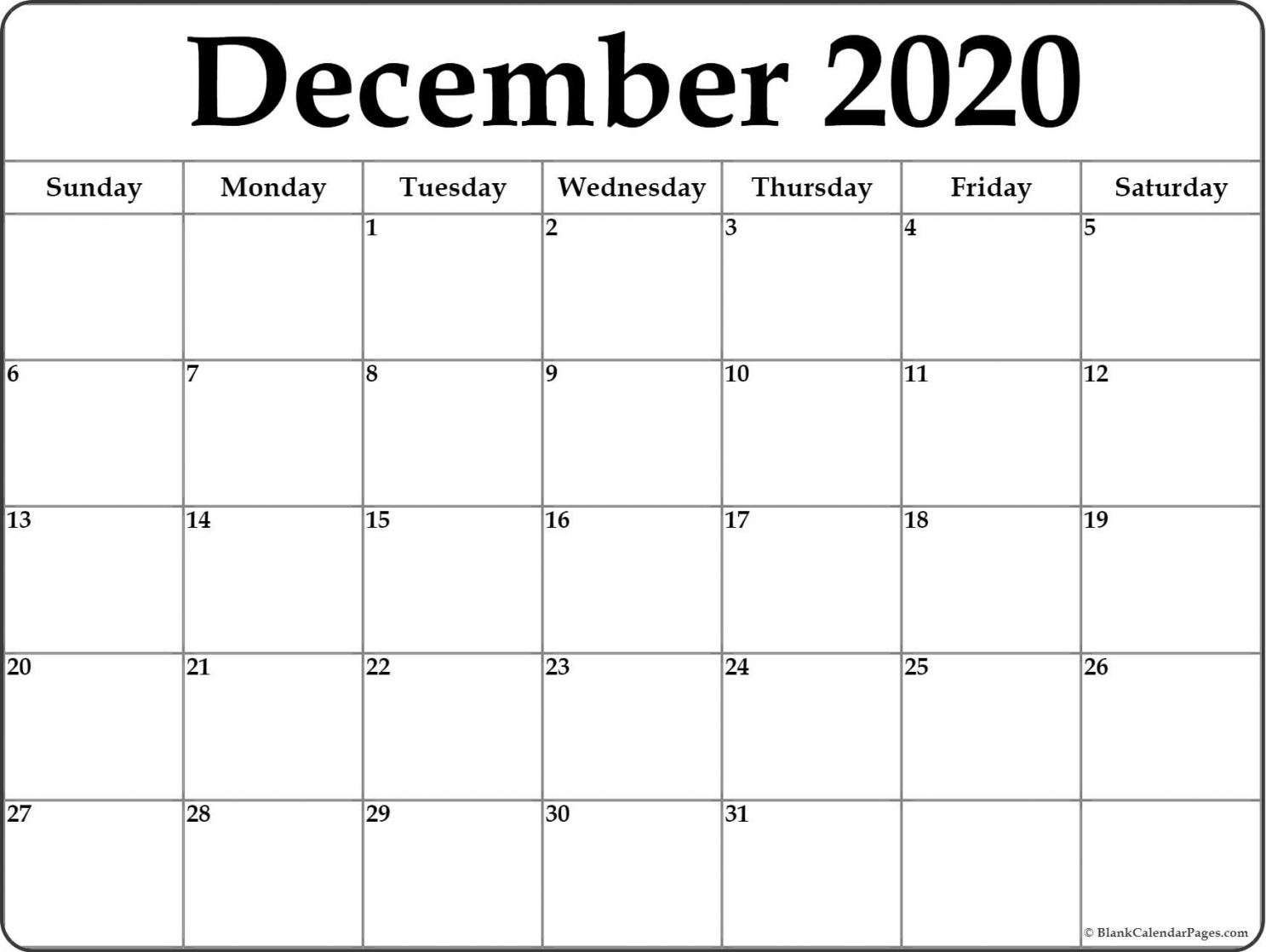 Printable December Calendar 2020