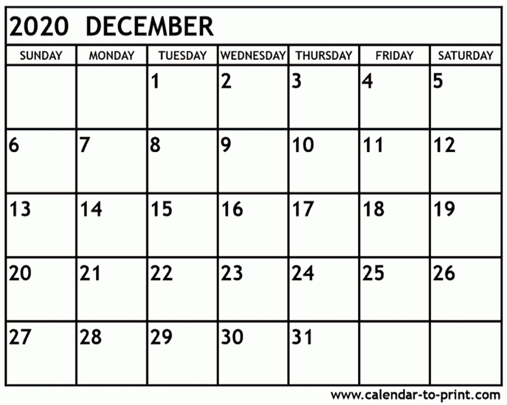 Printable December Calendar 2020