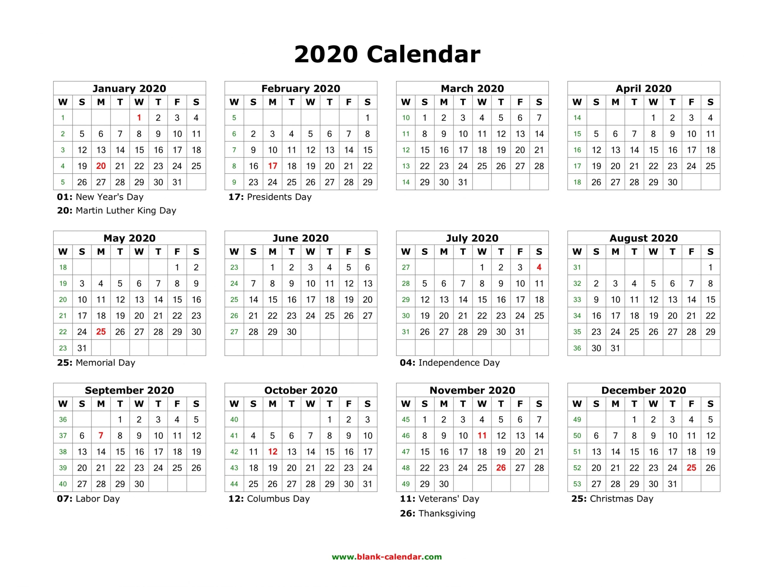 2020 Printable Calendar With Holidays