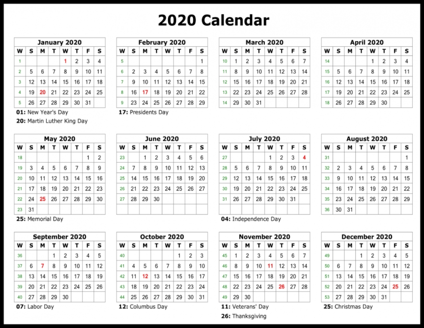 2020 Printable Calendar With Holidays