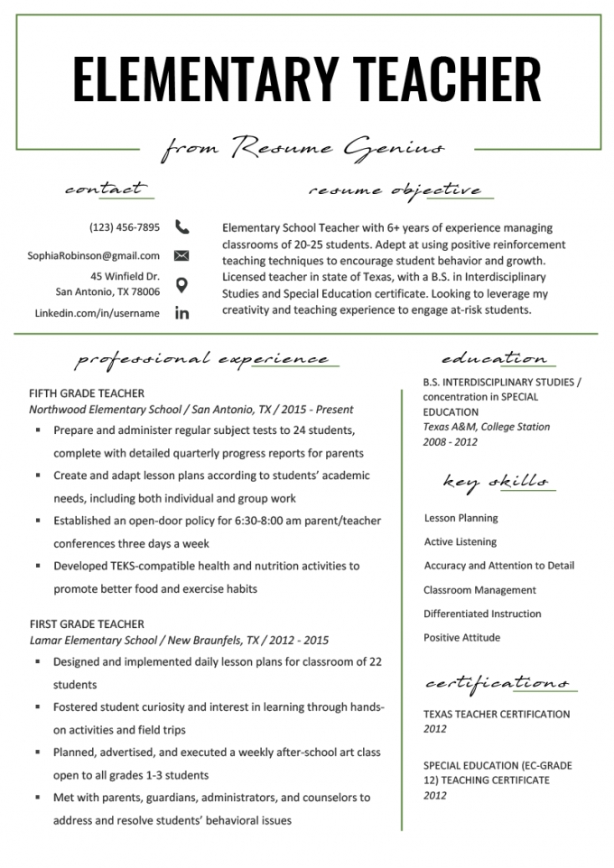 Resume Examples For Teachers With Experience