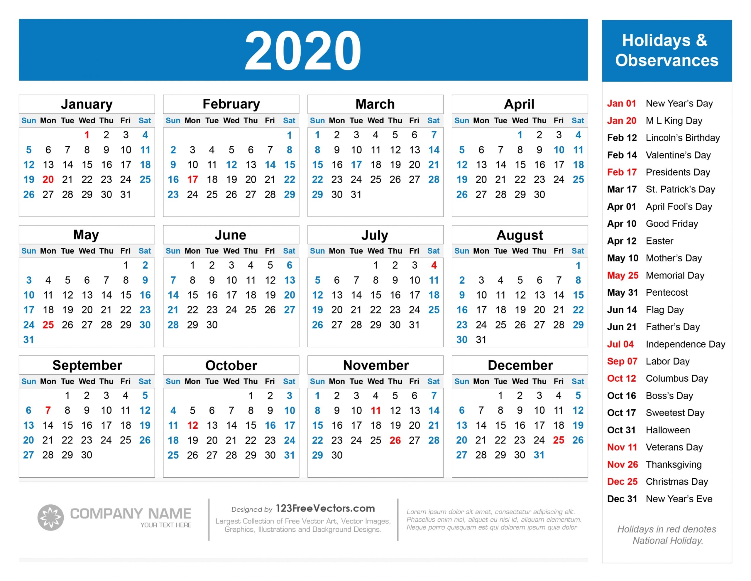 2020 Printable Calendar With Holidays