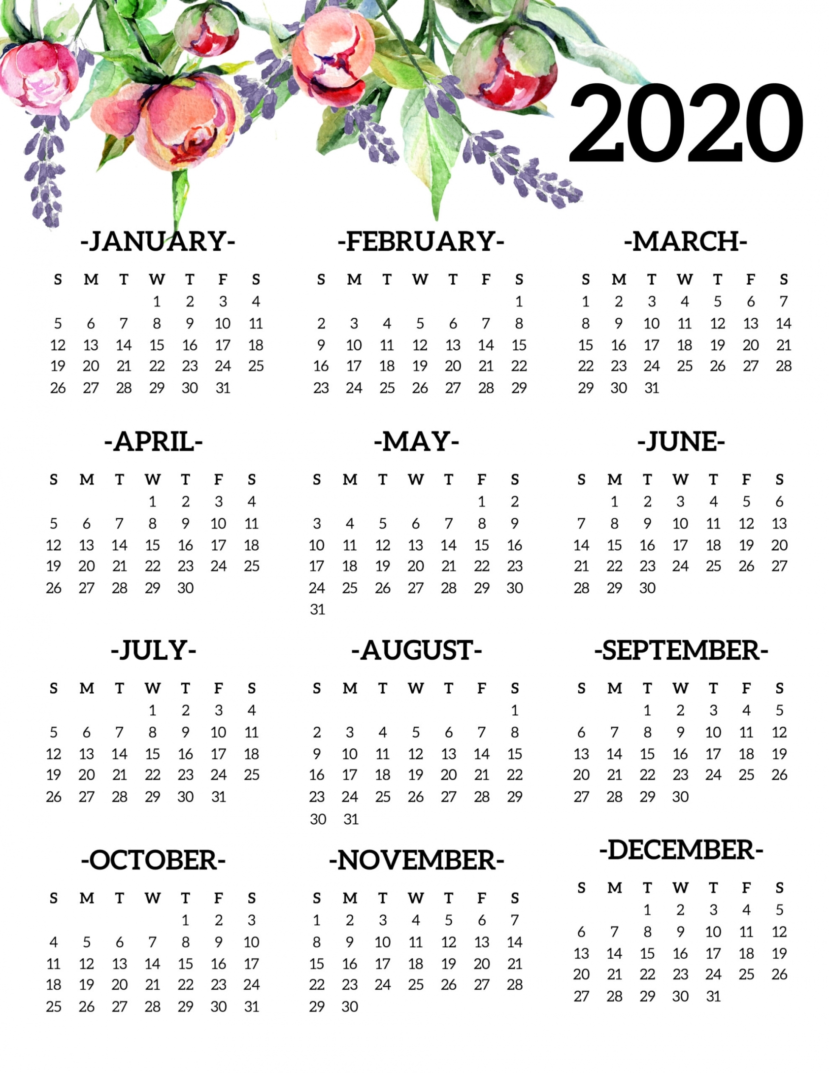 2020 Year Calendar Printable