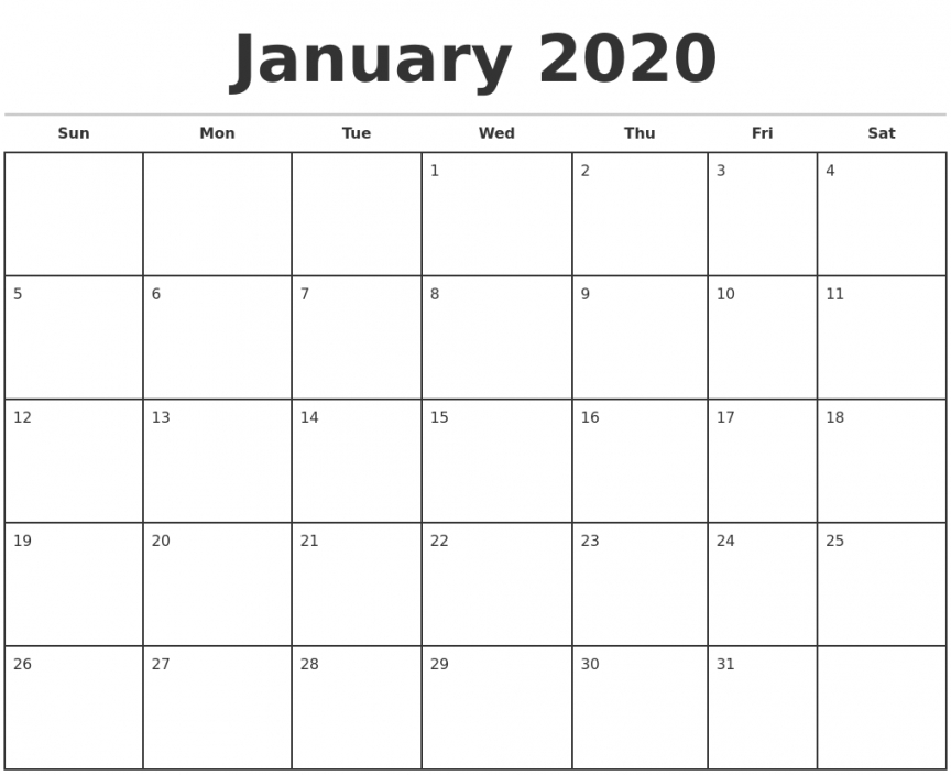 January 2020 Monthly Calendar Template