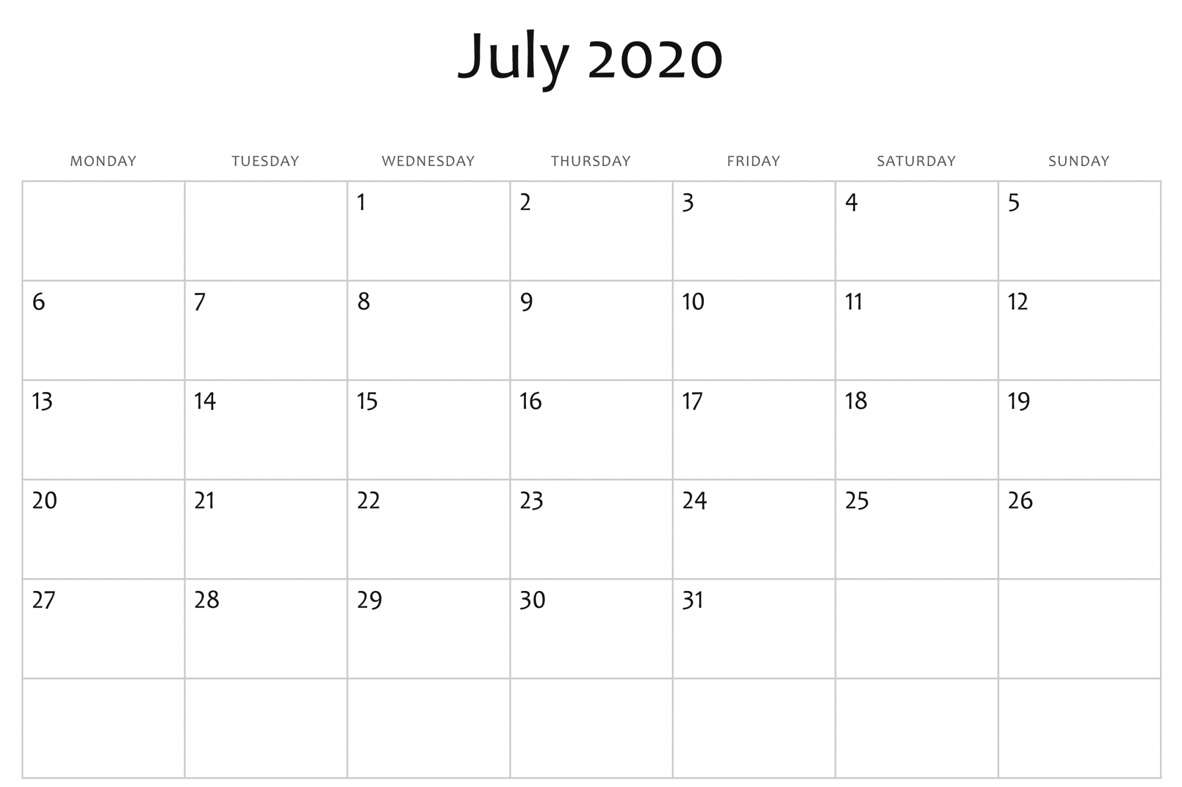 Printable Word Calendar 2020