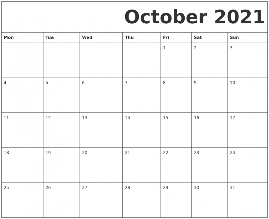 Free Printable Calendar October 2021