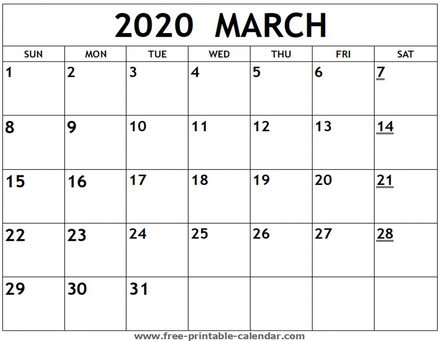 March 2020 Calendar Printable