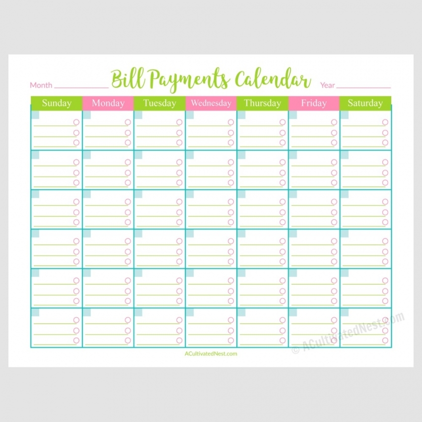 Free Printable Bill Calendar