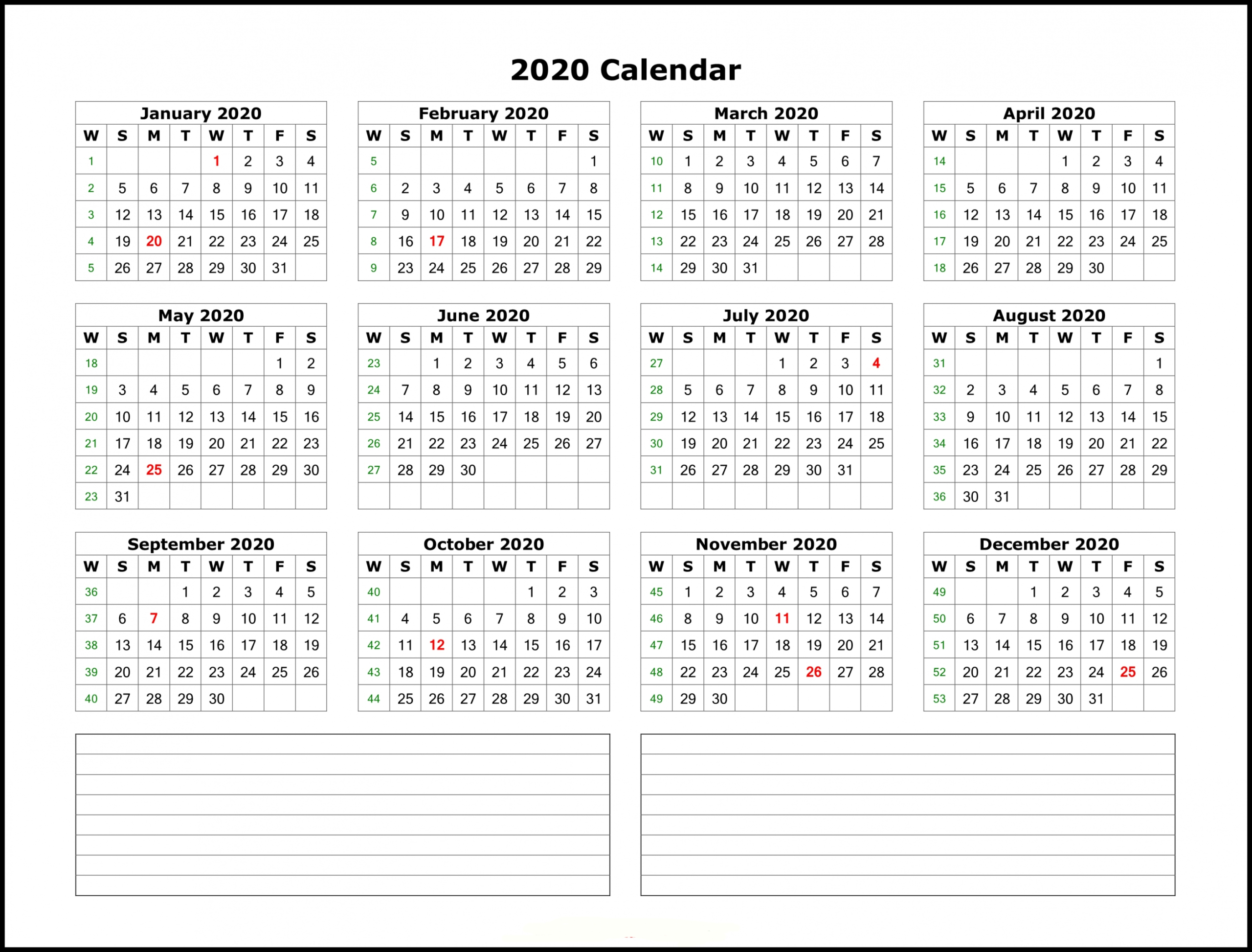 2020 Year Calendar Printable