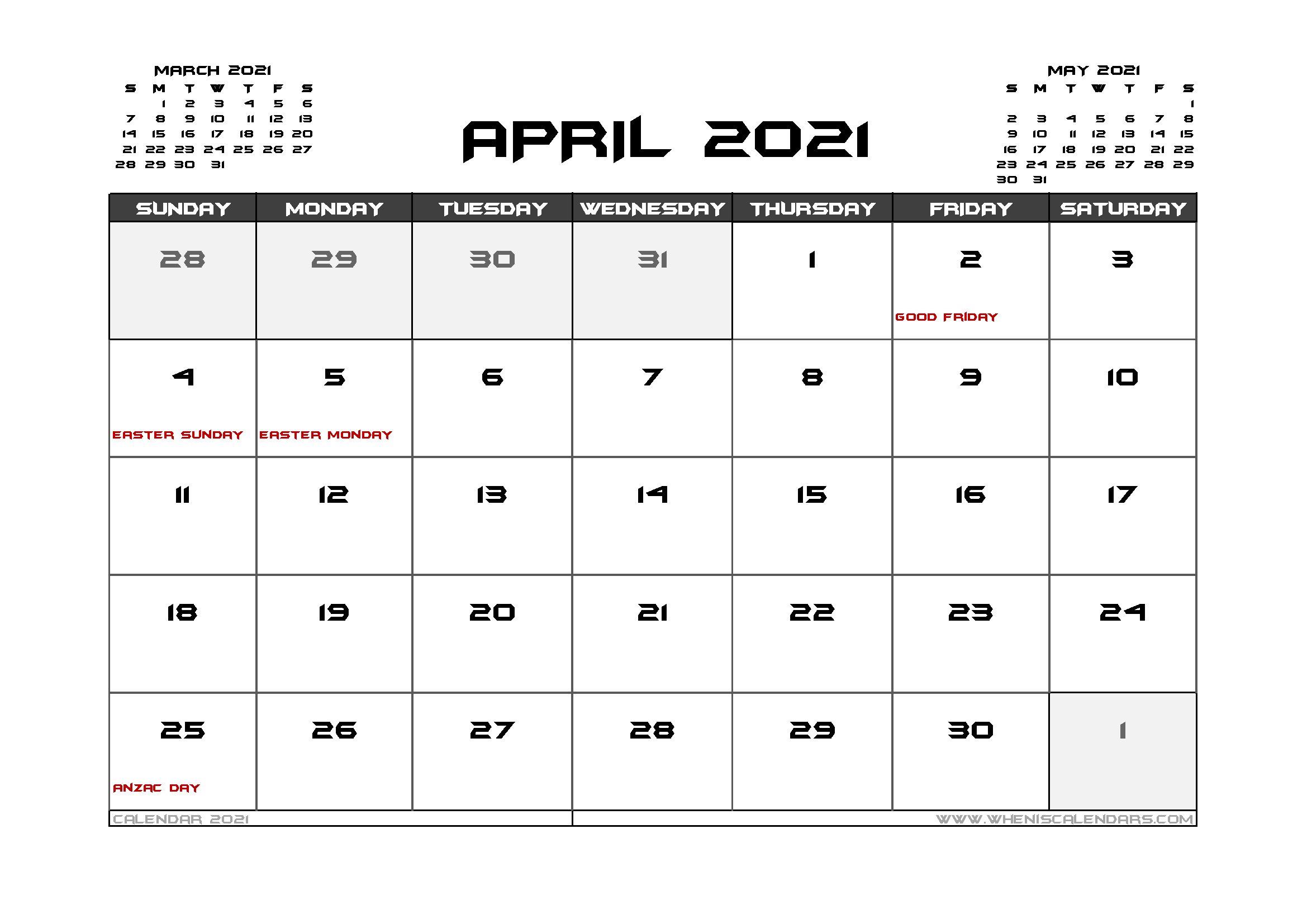 2021 April Calendar With Holidays