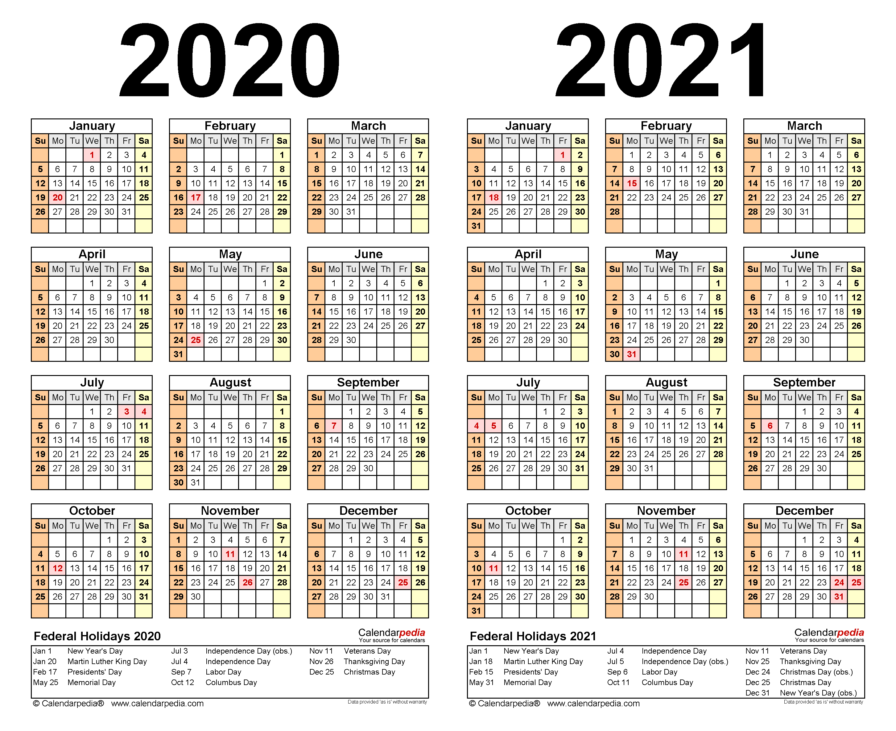 2020 Calendar 2021 Printable Word