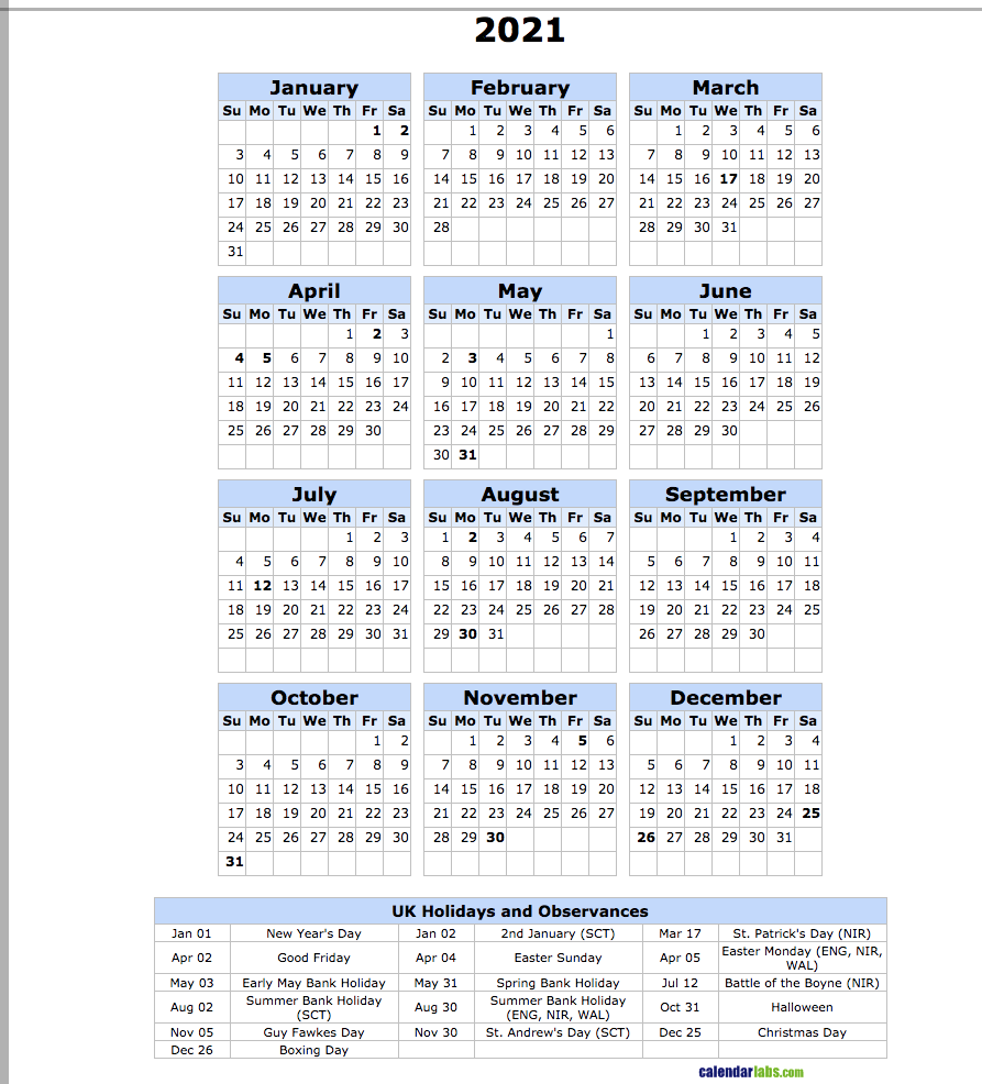 Printable Calendar For Year 2021 United States
