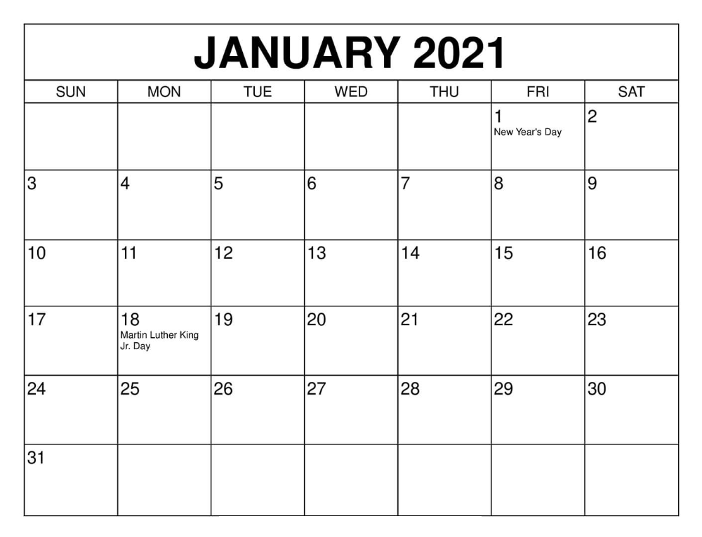 Printable January 2021 Calendar Pdf