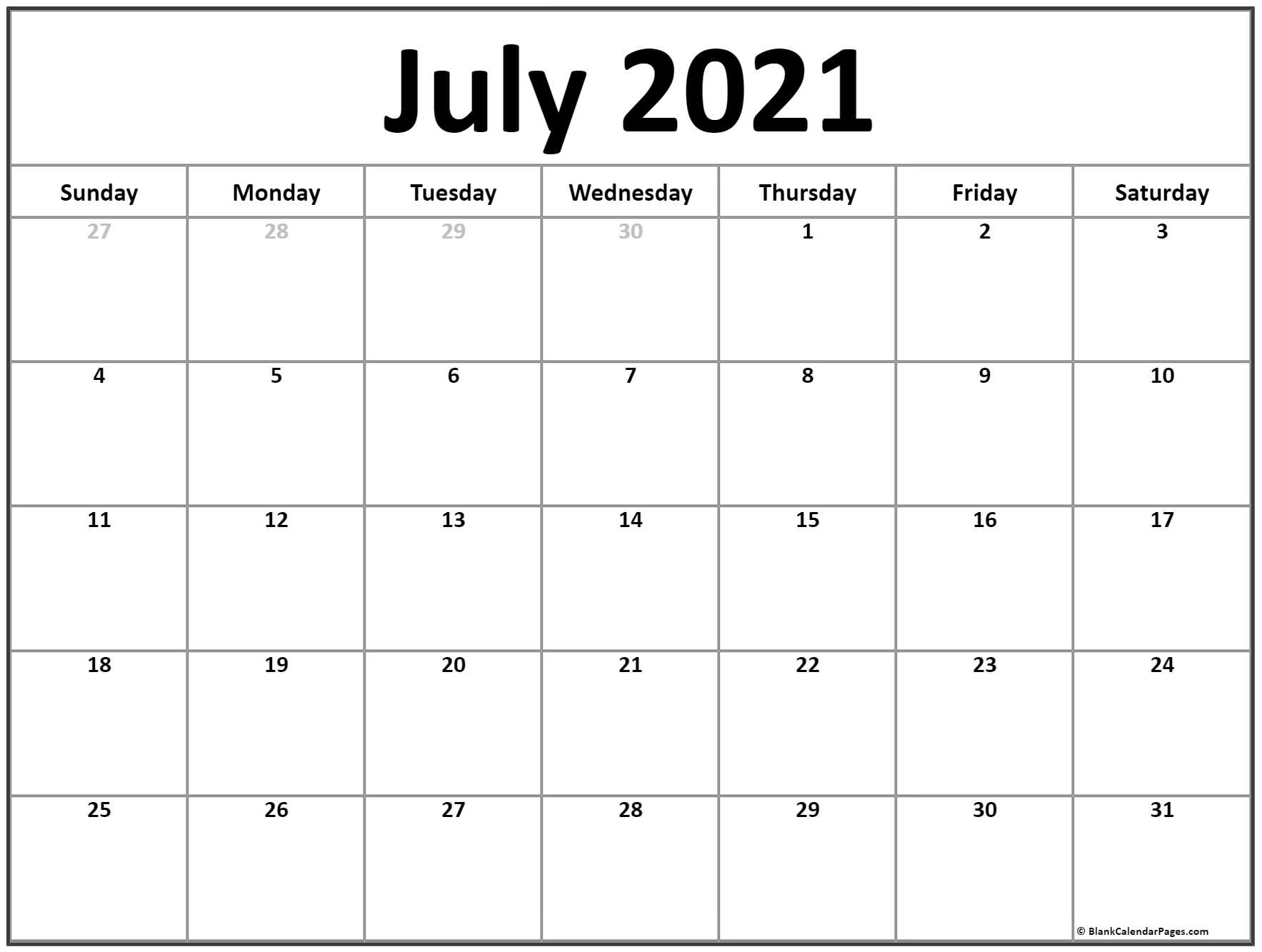 Free Printable July 2021 Calendar