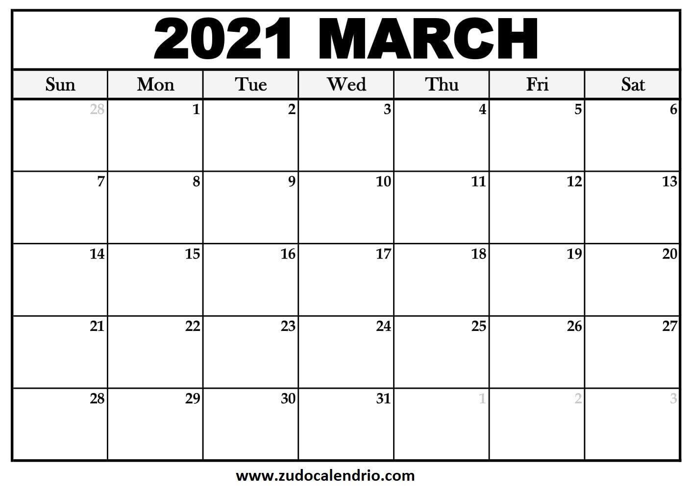 Printable Calendar For March 2021