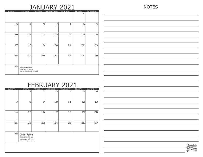 Printable Two Month Calendar 2021
