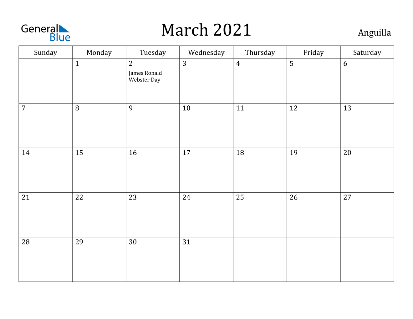 Customizable Printable March 2021 Calendar