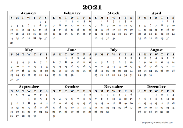 Yearly 2021 Calendar Printable