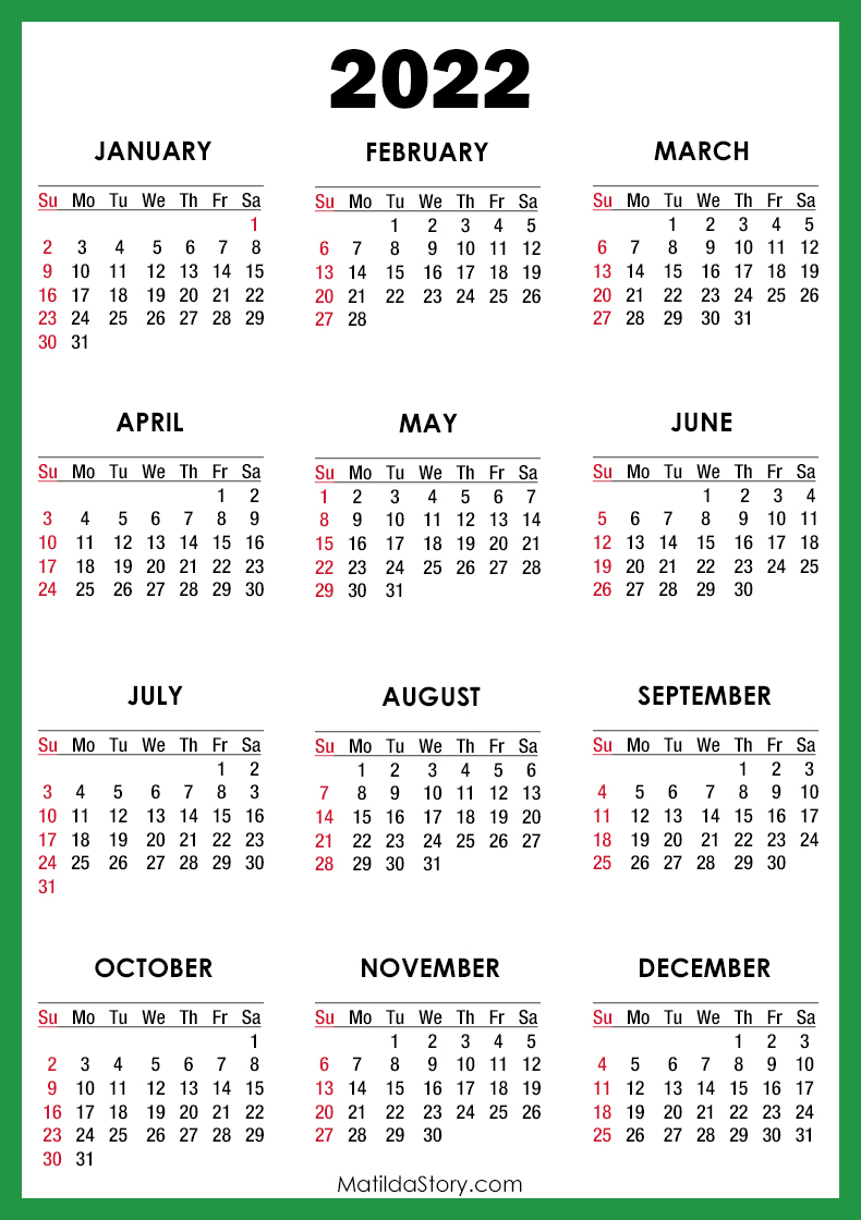 Printable 2022 Yearly Calendar
