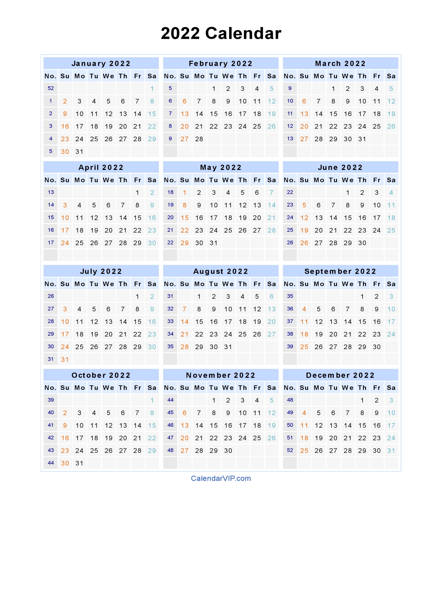 2022 Monthly Calendar Printable Pdf