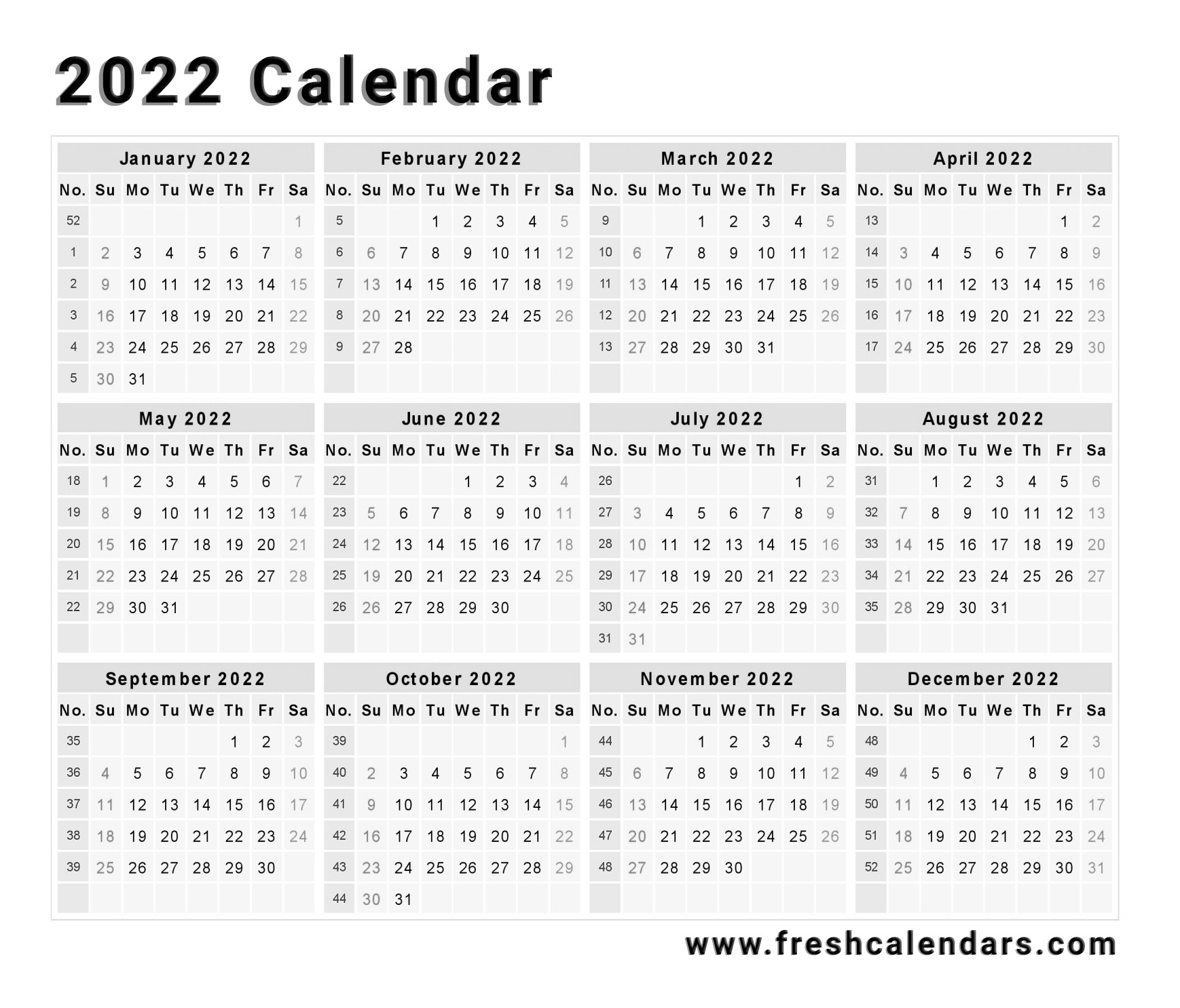 Printable Yearly Calendars 2022