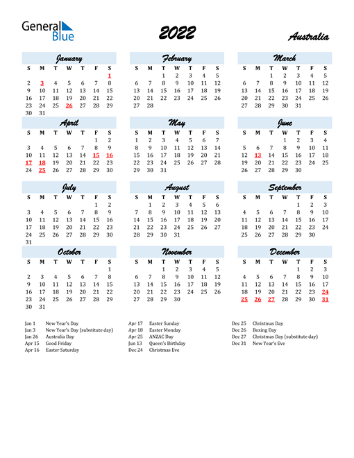 2022 Printable Calendar Australia