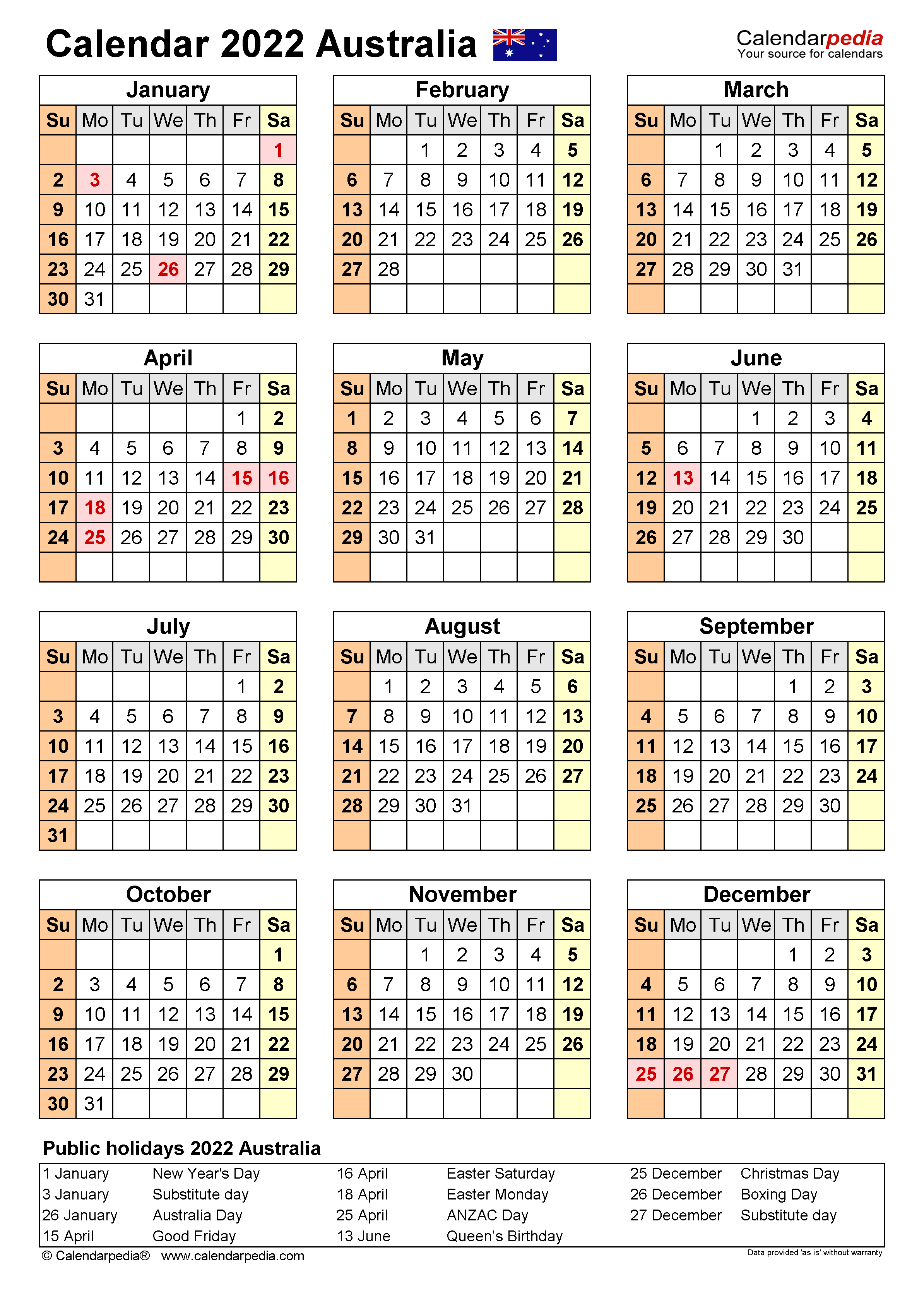 Printable 2022 Calendar Australia