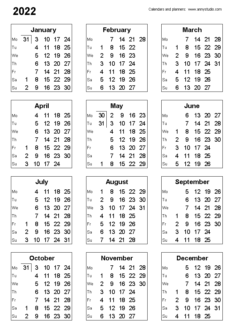 2022 Calendar Printable Portrait