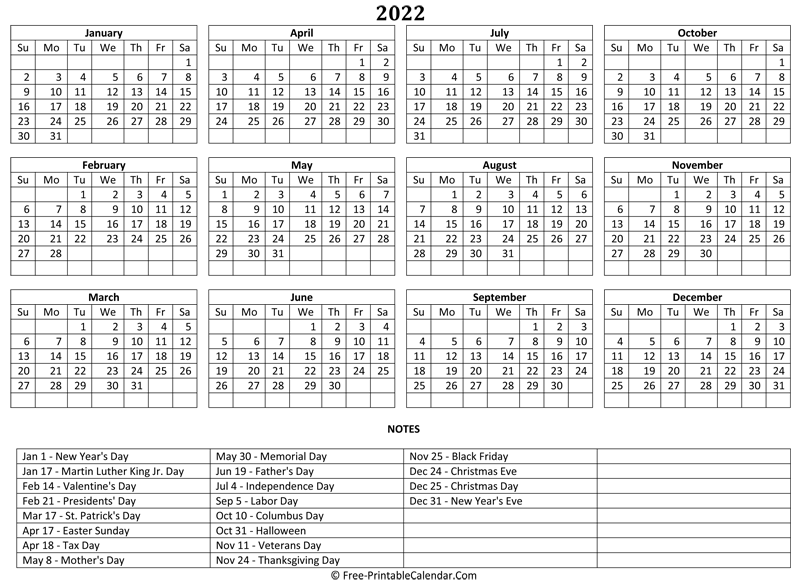 Printable 12 Month Calendar 2022
