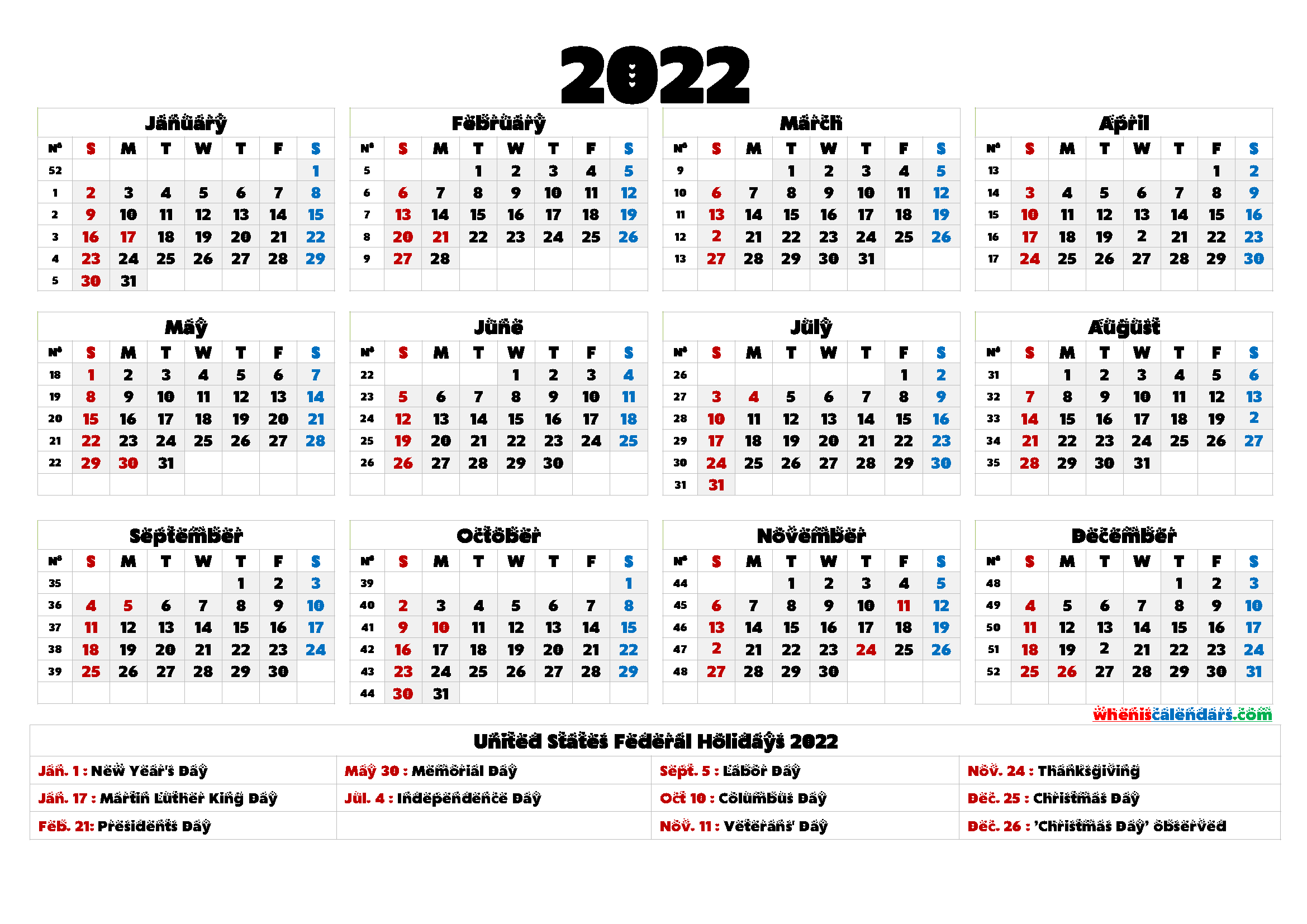 Printable Calendar Templates 2022