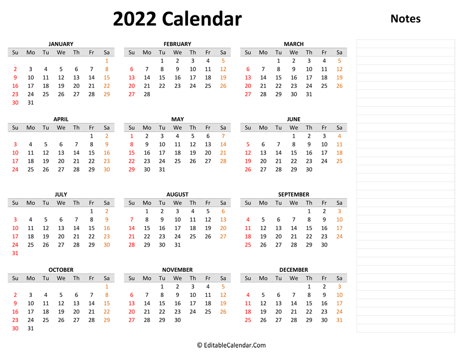 Printable 2022 Year Calendar 2022