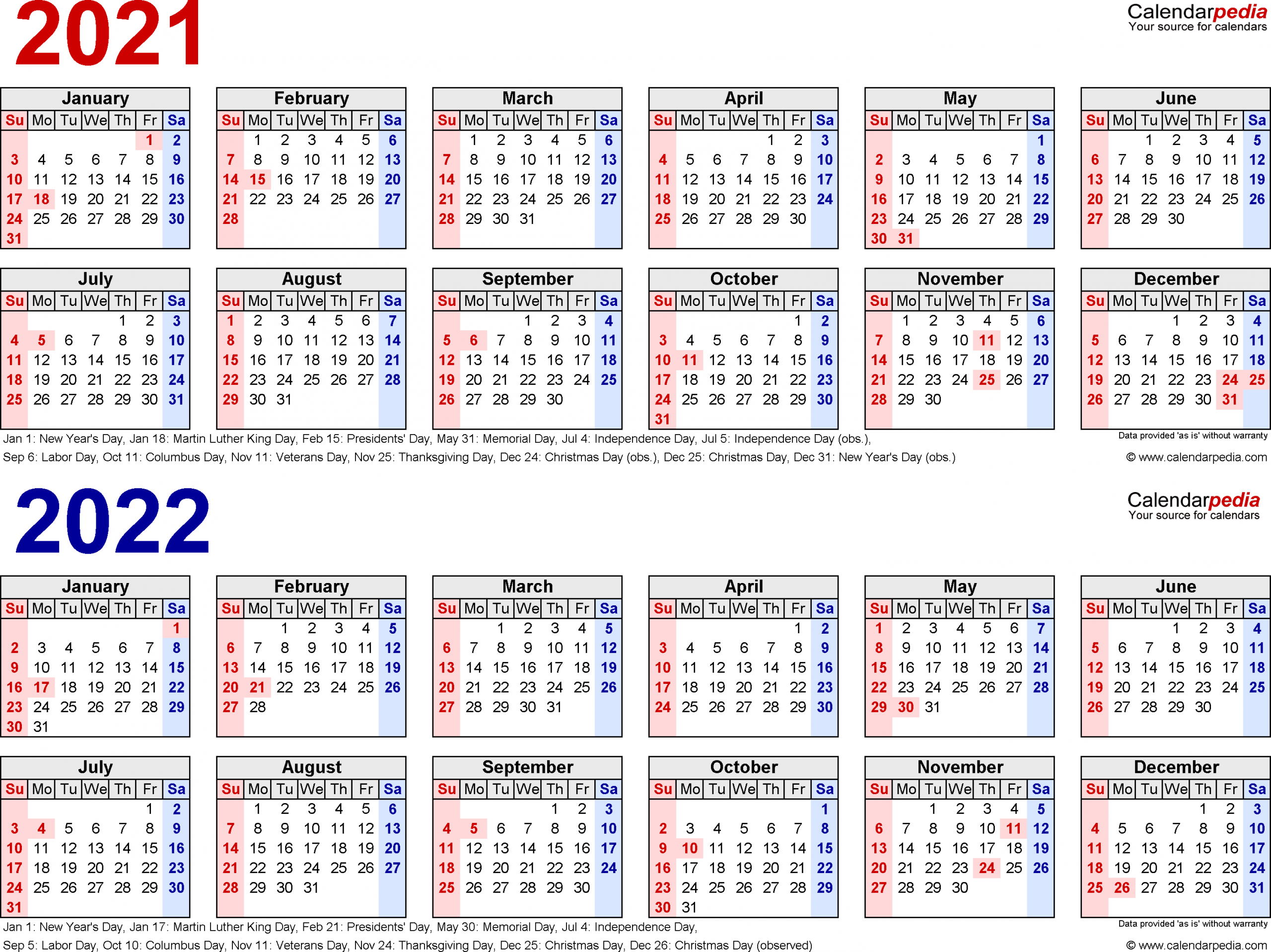 5 Year Calendar 2021 To 2025 Printable