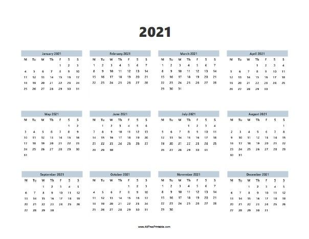12 Month Free Printable 2021 Calendar