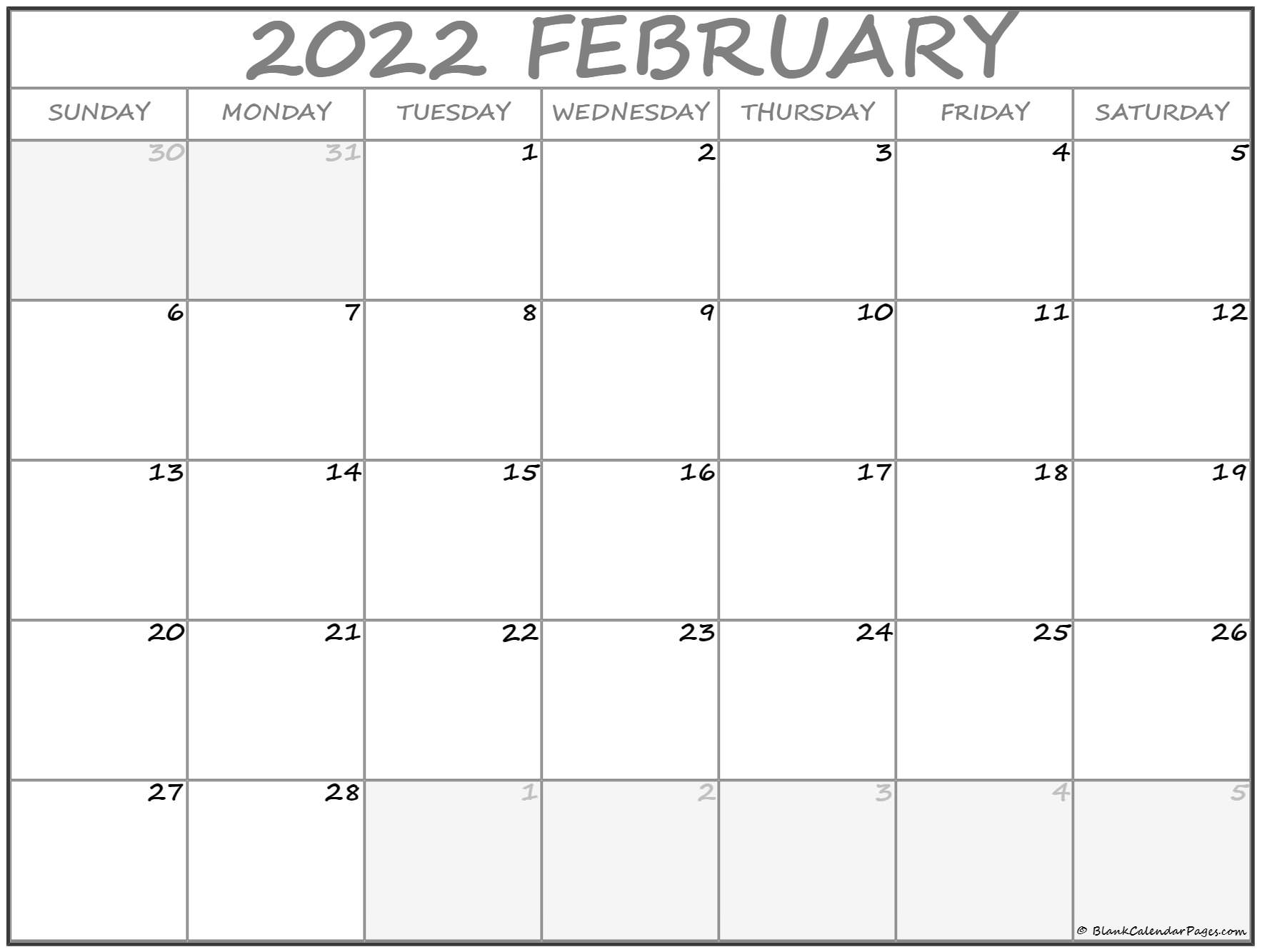 2022 Feb Calendar Printable
