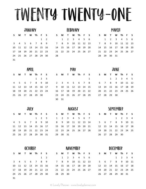 Calendar At A Glance 2021 Printable